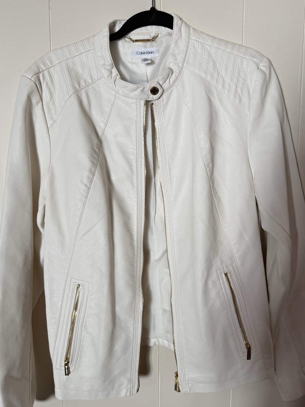 Calvin Klein Cream Leather Moto-Style Zip Jacket